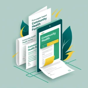 Paperless forms go digital - showing health record papers feeding into a tablet as electronic health records