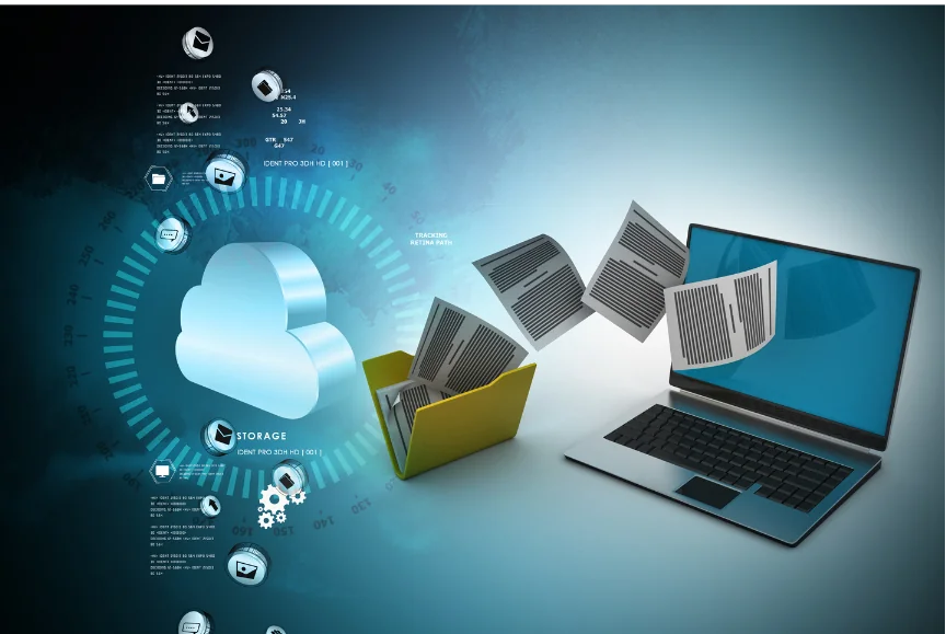 folder with electronic health record software files flying into a laptop from the cloud