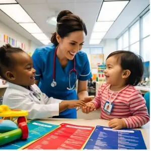 Nurse with two children smiling due to great care from public health