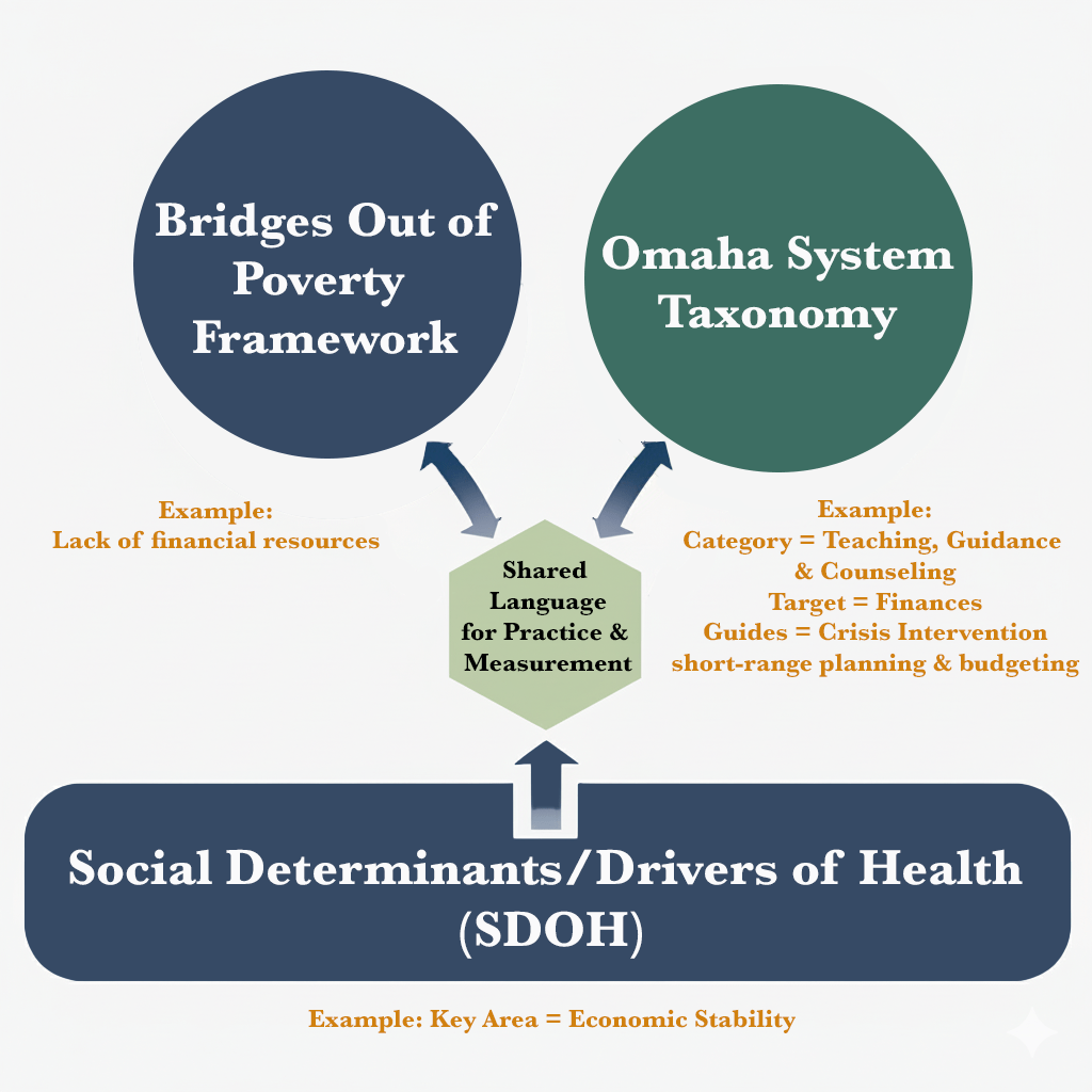 Showing Bridges, Omaha System and SDOH and how the three can lead to a Shared language
