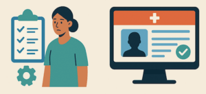 Electronic Health Record (EHR) Challenges and Solutions shown with a computer with a checkmarked record and a nurse with a checklist