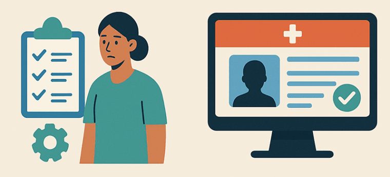 Electronic Health Record (EHR) Challenges and Solutions shown with a computer with a checkmarked record and a nurse with a checklist