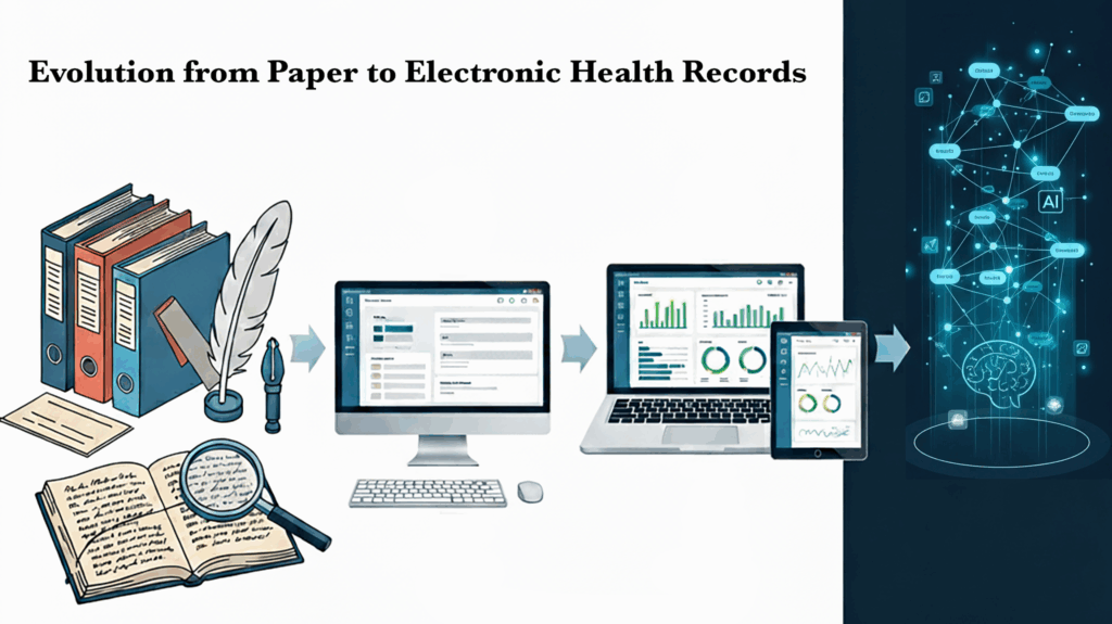 Illustration showing evolution from paper journals to standardized forms to computers and now AI