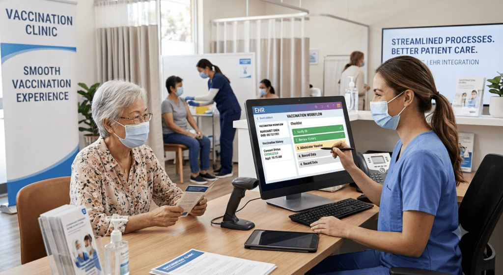 Older person at a vaccination clinic being checked in by a nurse